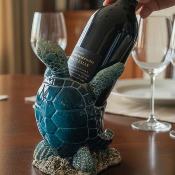 Sea Turtle Wine Bottle Holder Ceramic Heavy Unique - Picture 3 of 14